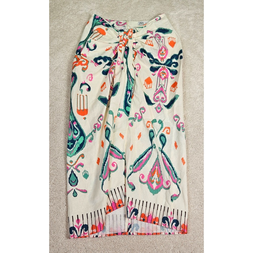 Zara Midi Skirt Womens S Ivory Linen Blend Knotted Pareo Boho Ikat High-Waisted - Picture 2 of 14